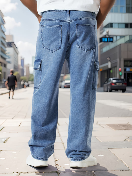 Plus Size Men's Solid Denim Cargo Pants For Spring Fall, Loose Fit Jeans For Big & Tall Males
