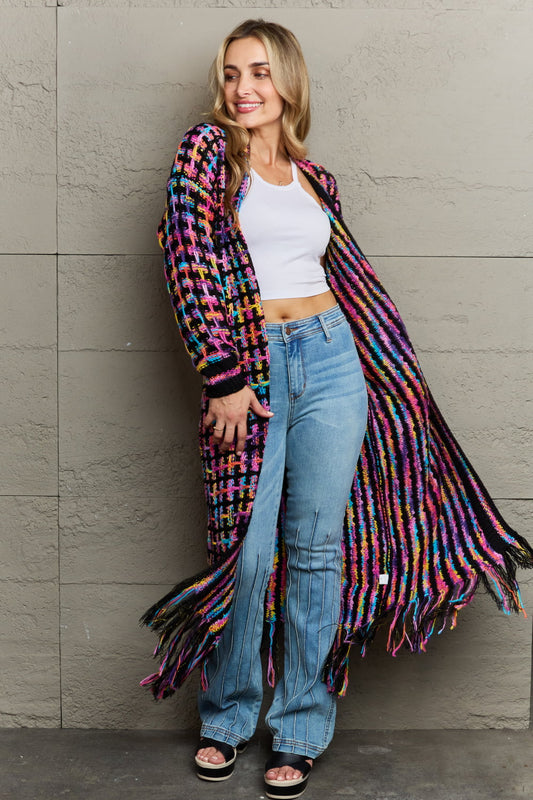 Angel Wings Multicolored Open Front Fringe Hem Cardigan