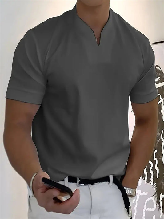 Camiseta de manga corta con cuello en V para hombre, tejido de poliéster suave y ligeramente elástico, diseño de jersey, ropa informal de fin de semana, lavado a mano o limpieza en seco, perfecta para actividades en interiores y exteriores