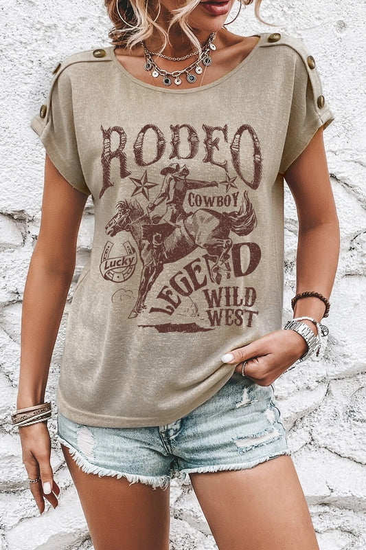 Camiseta de manga corta con cuello redondo y gráfico con botones decorativos