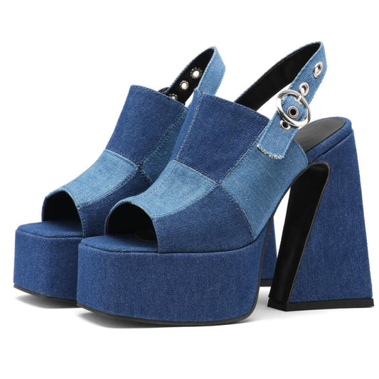 Open Toe Denim Platform Sandal