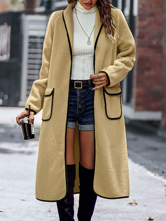 Trim Long Sleeve Coat with Pockets