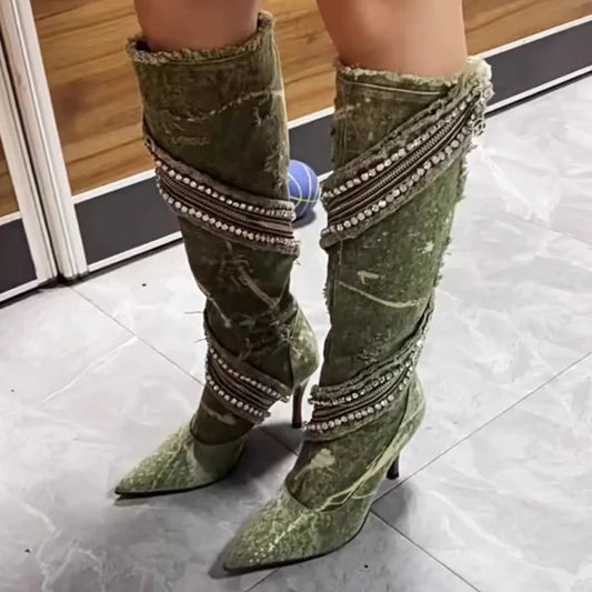 Gorgeous Denim Boots With Crystal Wrap Zipper Design