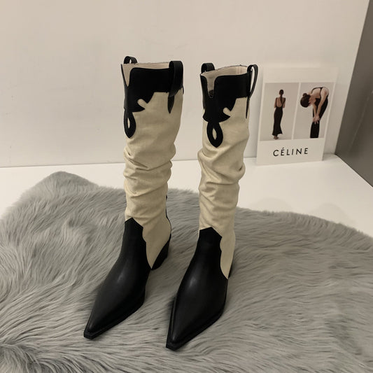 High Quality Suede Western Pointed Toe Knee High Cowboy Boots