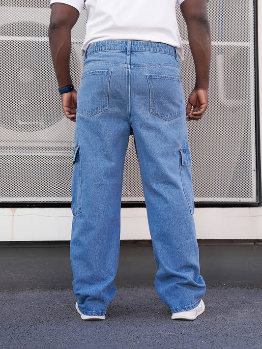 Men's Plus Size Relaxed Fit Cotton Cargo Denim Work Jeans With Side Pockets, Trendy Comfy Pants, All Seasons