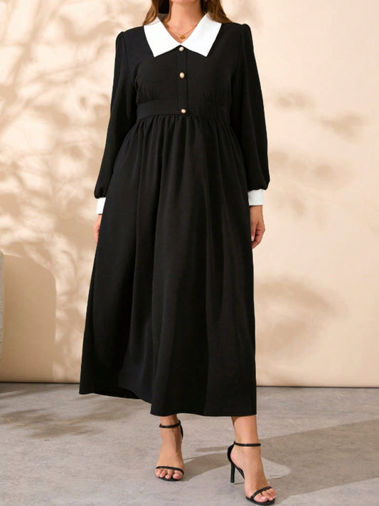 Contrast Collared Neck Long Sleeve Midi Dress