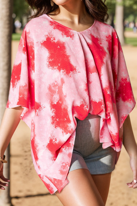 Blusa de manga corta con escote en V y efecto tie-dye en talla grande