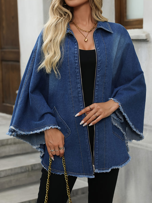 Oversize Denim Jacket/Coat Raw Hem Loose Fit Zipper Batwing Sleeve