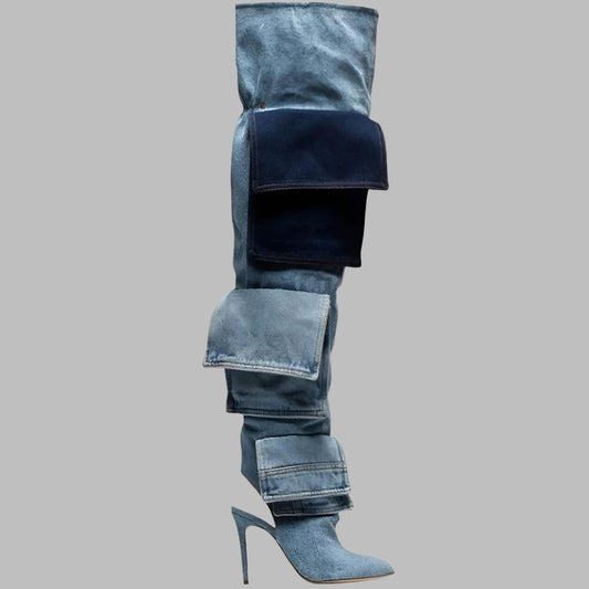 Over-The-Knee Patchwork Denim Boots