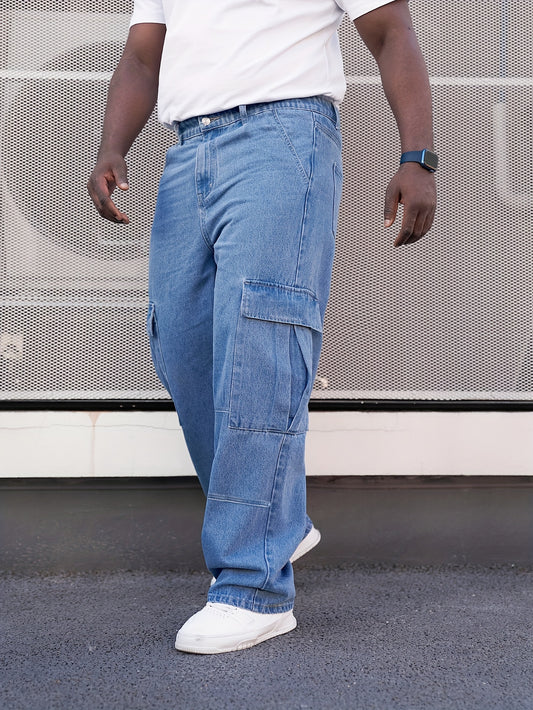 Men's Plus Size Relaxed Fit Cotton Cargo Denim Work Jeans With Side Pockets, Trendy Comfy Pants, All Seasons