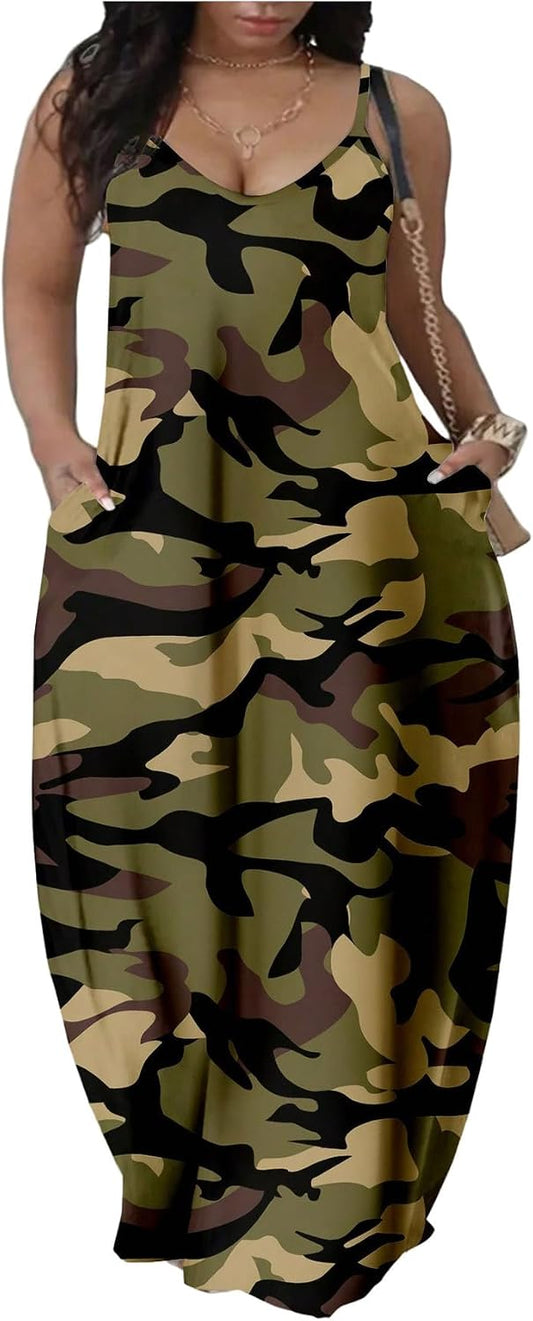 Women's Camo Maxi Dress V Neck Spaghetti Strap Long Cami Dress