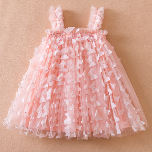 Nuevo vestido para niños, vestido con tirantes de mariposa bordada, dulce vestido de princesa, vestido de malla esponjosa, vestido de niña