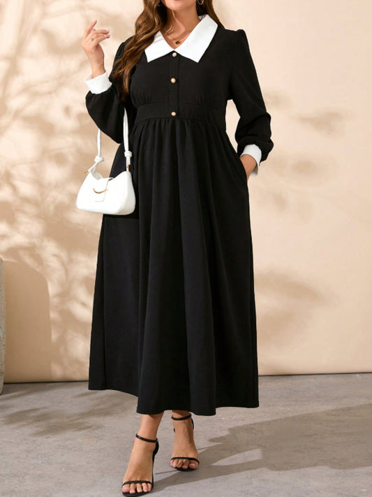 Contrast Collared Neck Long Sleeve Midi Dress