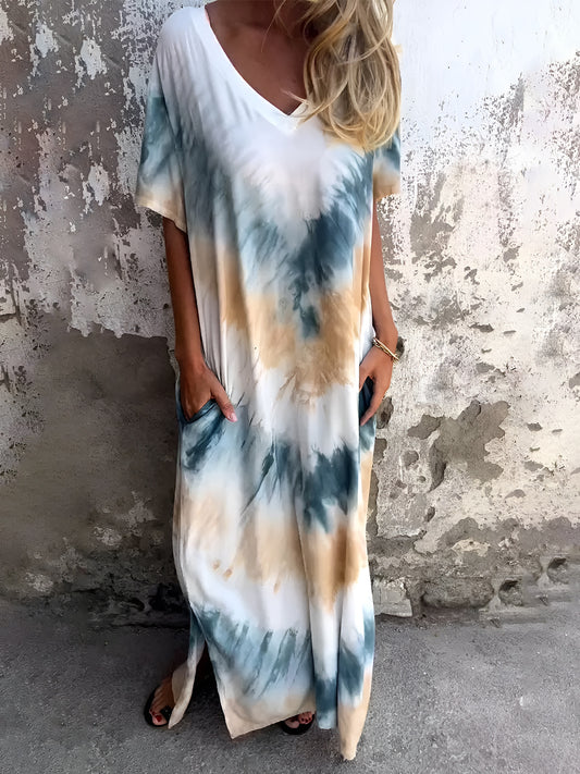 Vestido de manga corta con efecto tie-dye y bolsillos