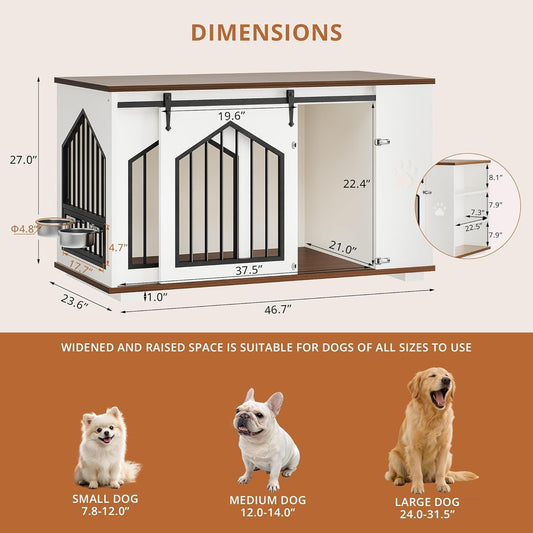 IRONCK Large Dog Crate Furniture with Rotating Bowls and Shelves