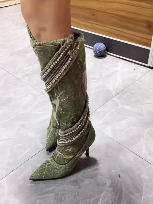 Gorgeous Denim Boots With Crystal Wrap Zipper Design