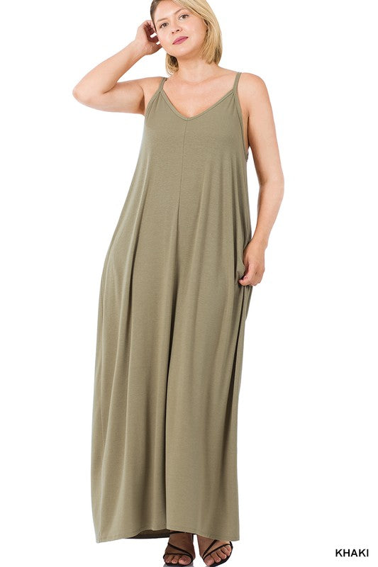 V-Neck Cami Maxi Dress with Side Pockets