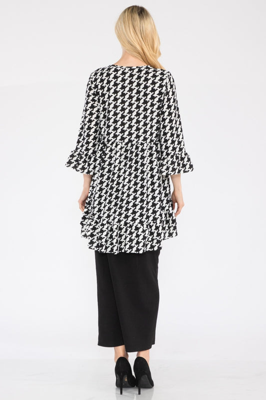 Full Size Houndstooth Flounce Sleeve High-Low Top