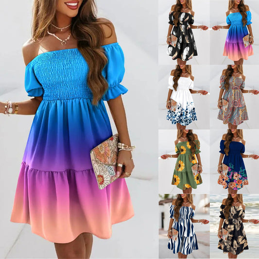 New Short-Sleeve One-Neck Waist Pleated Print Dress