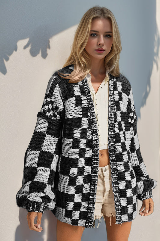 Full Size Open Front Checkered Drop Shoulder Cardigan