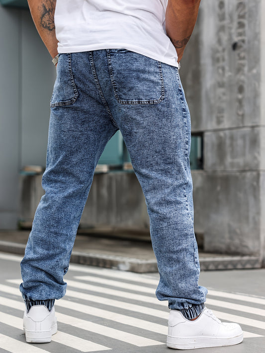 Men's Plus Size Cotton Denim Pants - Elastic Waist, Loose Fit