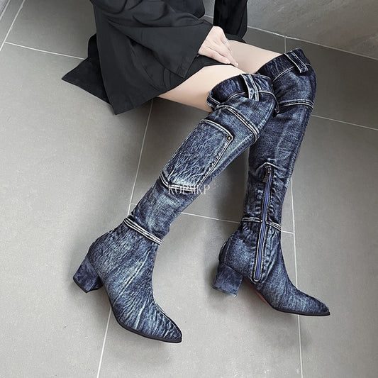 Denim Knee-High Boots