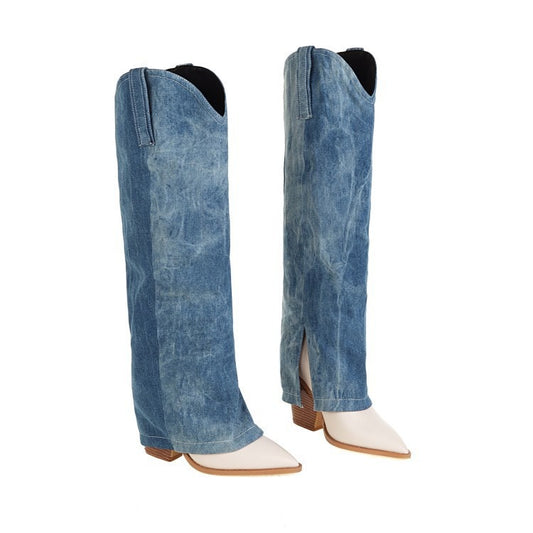 Denim Tube Wedge Block Heel Boot