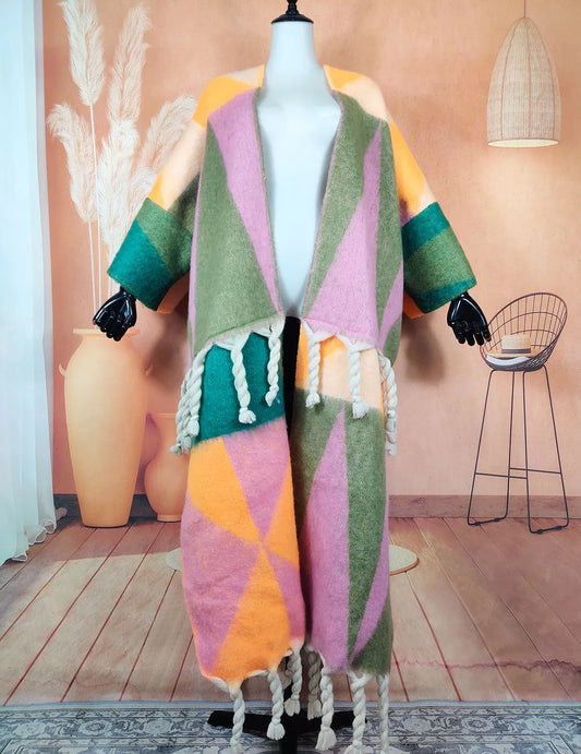 Long Open Front Warm Multicolor Soft Wool Duster Coat