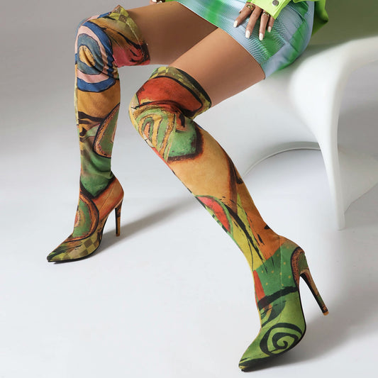 Graffiti Print Thigh High Elastic Fabric Boots