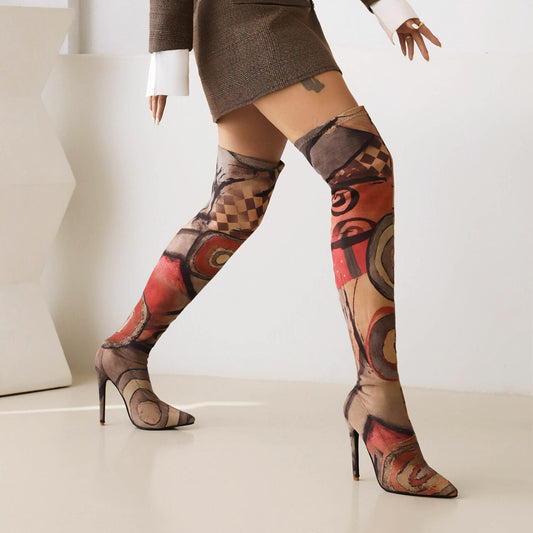 Graffiti Print Thigh High Elastic Fabric Boots