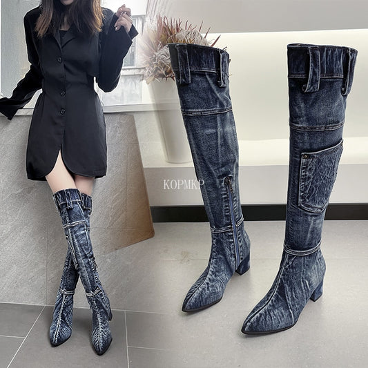 Denim Knee-High Boots