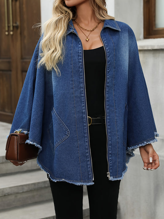 Oversize Denim Jacket/Coat Raw Hem Loose Fit Zipper Batwing Sleeve