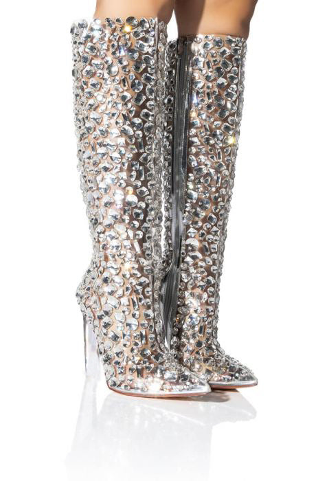 Custom Made Clear Crystal Rhinestone Gemstones Thigh High Luxury Boots