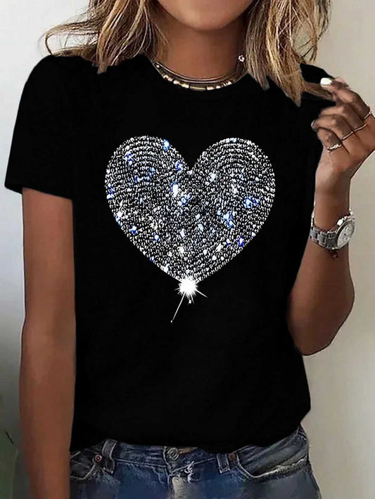 Heart Round Neck Short Sleeve Graphic T-Shirt