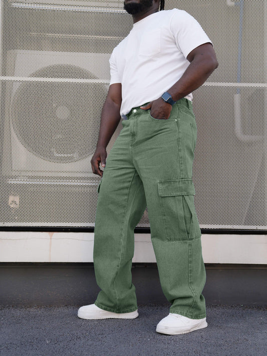 Men Cotton Denim Pants-Loose Fit-Trendy Trousers with Pockets