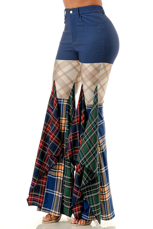 Plaid Patchwork Bell Bottom Denim Pants