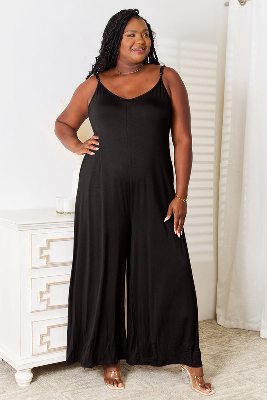 Soft Rayon Spaghetti Strap Tied Wide Leg Jumpsuit