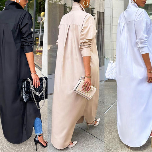 Windproof Shirt Dress Versatile Arc Hem  Stylish Autumn/Winter Solid Color Shirt Long Dress