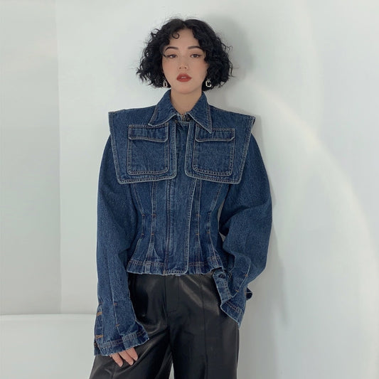 Blue Denim Cape Pleated Waistline Jacket