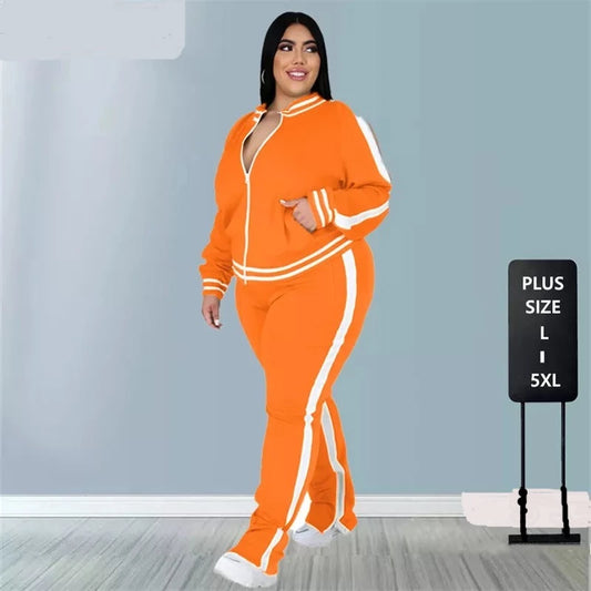 Two Piece Sweat Suit Set....Zip Striped Top & Side Slit Sweatpants