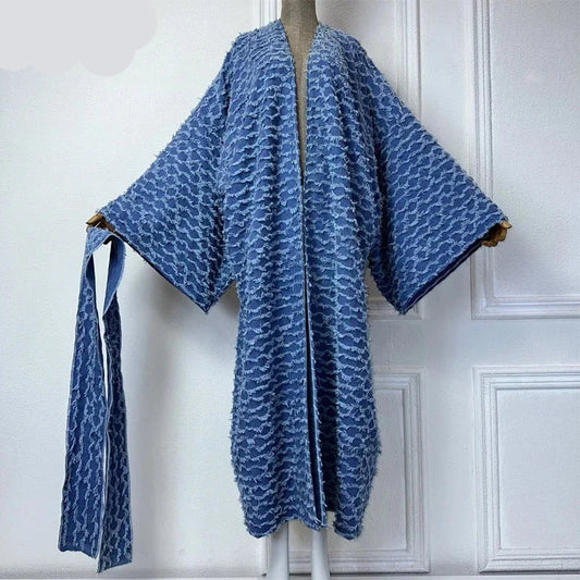 Long Denim Kimono Plush Overcoat Maxi Dress/Cover Up