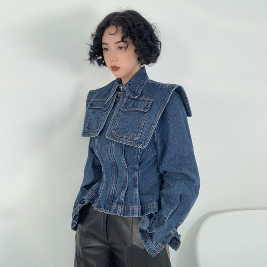 Blue Denim Cape Pleated Waistline Jacket