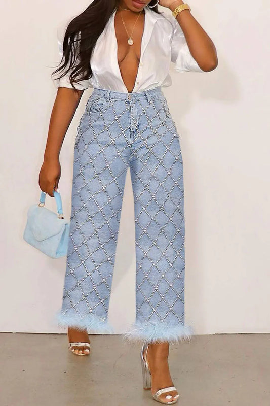 Light Blue Denim High Waist Straight Leg Feather Jean/Ankle-Length Pant