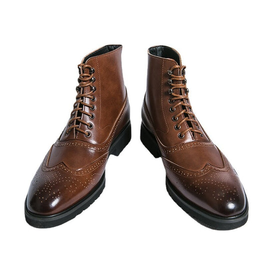 Brown Block Men's Short Boots Lace-up Square Toe Ankle Boots