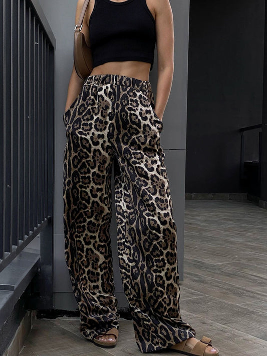 Pantalones anchos y de cintura alta con estampado de leopardo