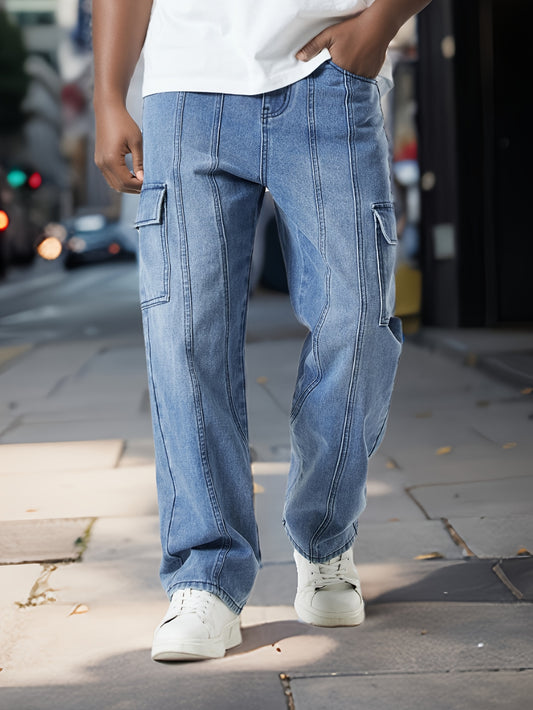 Plus Size Men's Solid Denim Cargo Pants For Spring Fall, Loose Fit Jeans For Big & Tall Males