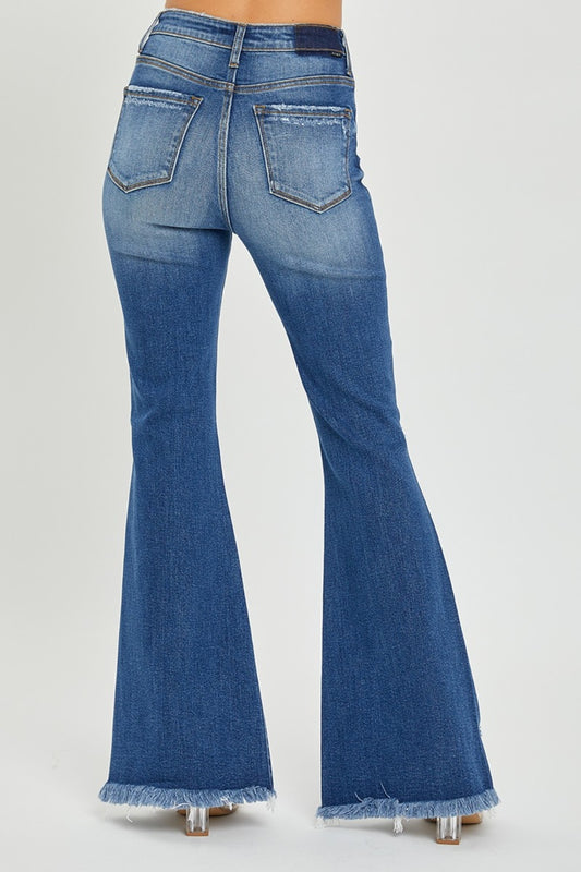 High Rise Front Slit Frayed Hem Flare Jeans