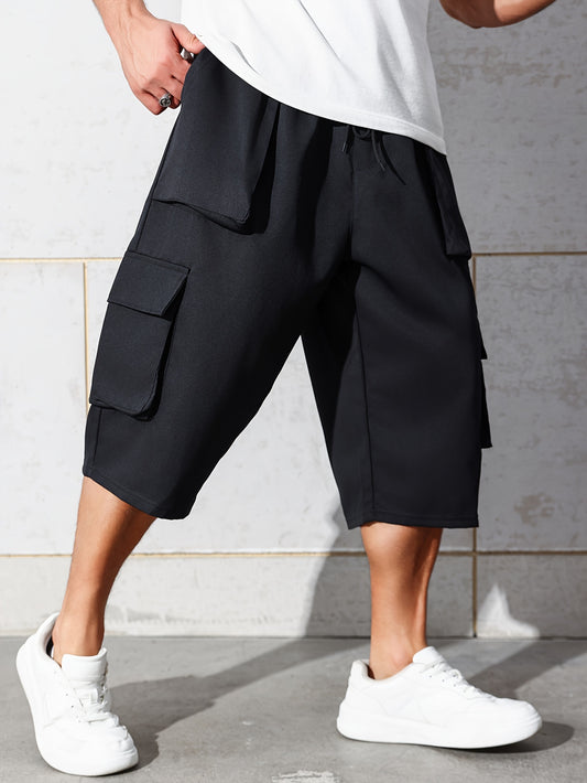 Casual Cargo Capri Pants-Relaxed Fit-Knee-Length with Multiple Pockets and Drawstring Waist