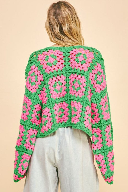 Two Tone Flower Square Crochet Open Front Cardigan