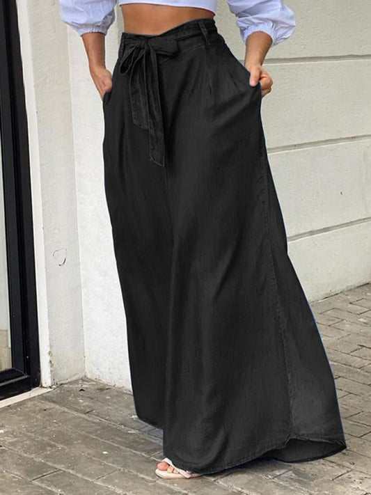 Elegant Strappy High Waisted Denim Maxi Skirt